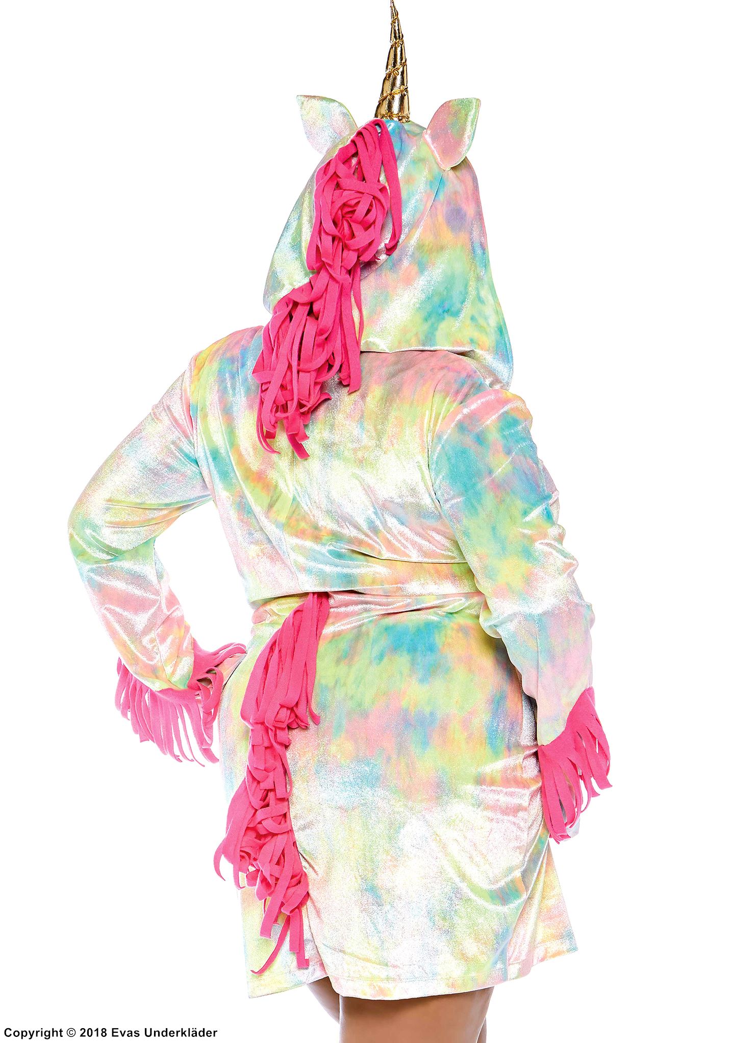 Unicorn (woman), costume dress, fringes, front zipper, ears, horn, XL to 4XL
